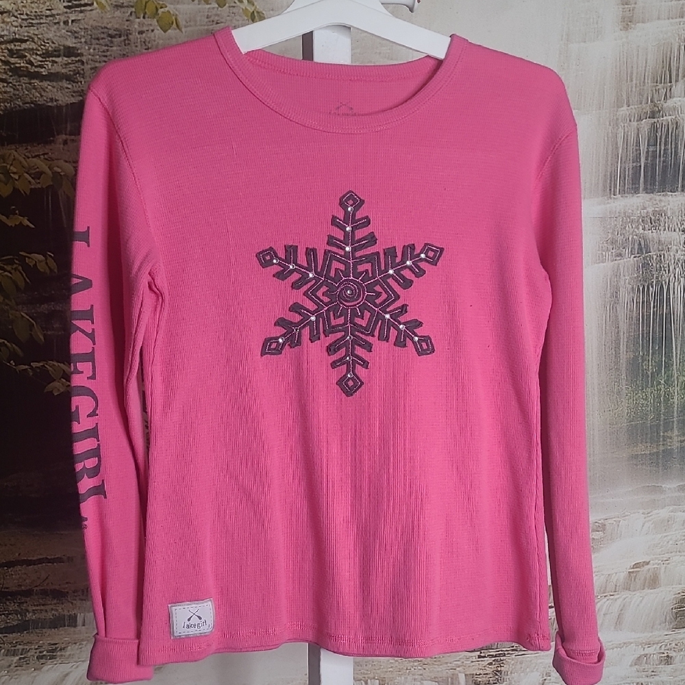 Lakegirl Womens Medium Long Sleeve Pink Knit Shirt with Bling Snowflake Design
